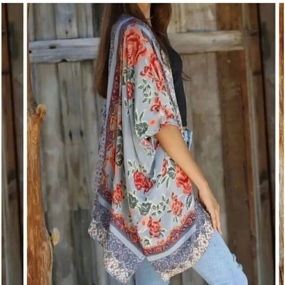 Angie Tops - Angie floral beach boho drape open kimono arm holes oversized cardigan SZ S
